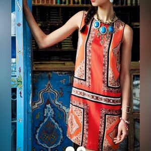 Anthropology Maeve Canna Handkerchief Print Orange Silk Sleeveless Shift, Sz 2